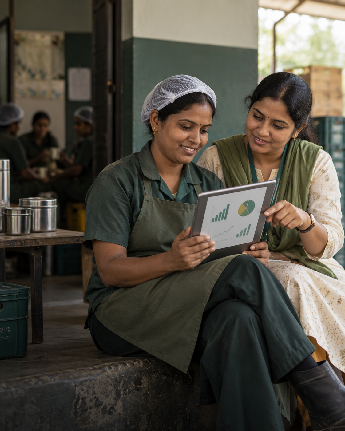 Frontline worker reviewing a financial health summary with an advisor